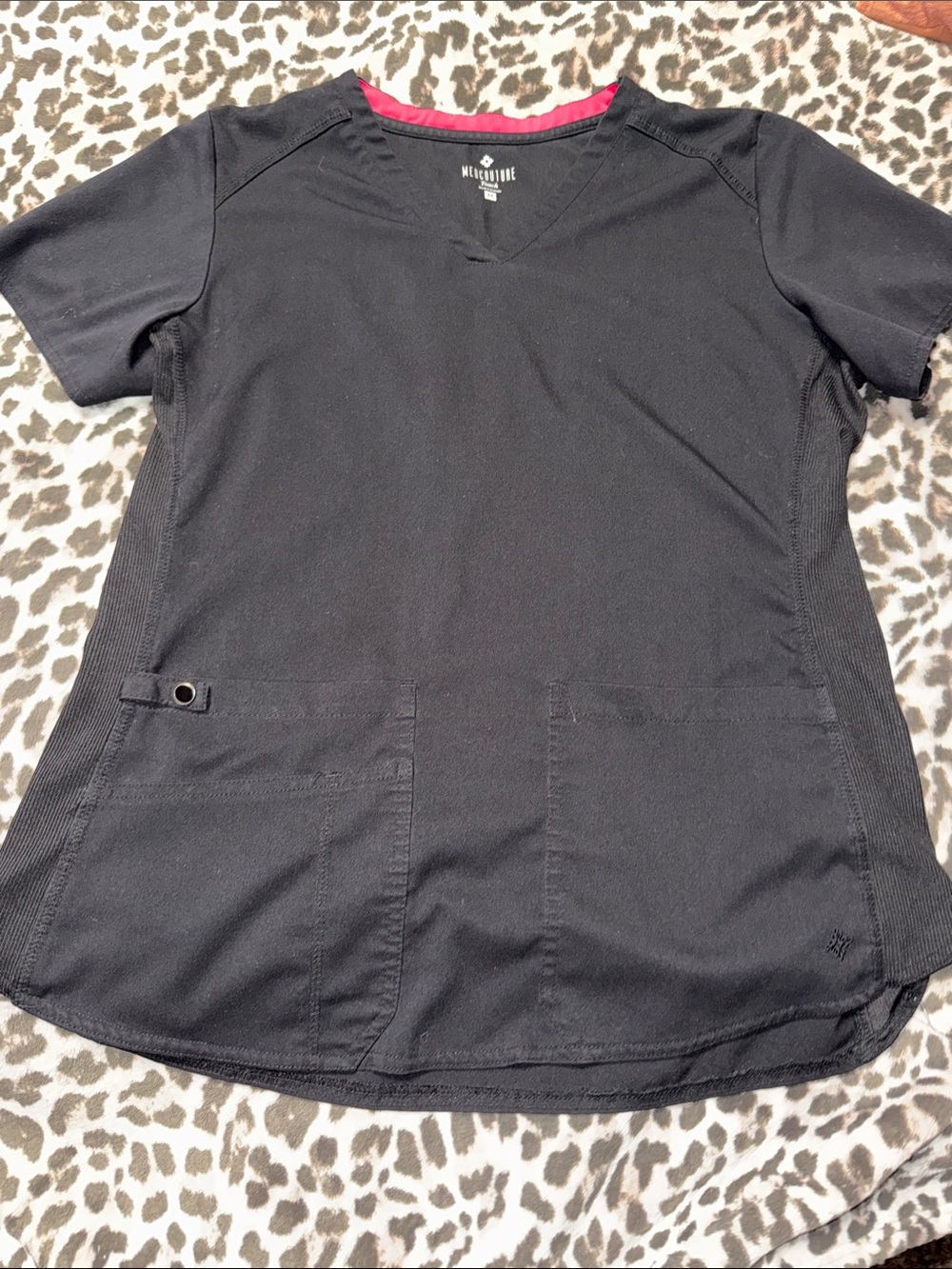 Med Couture Black Short Sleeve V-Neck Scrub Top with Pink Trim